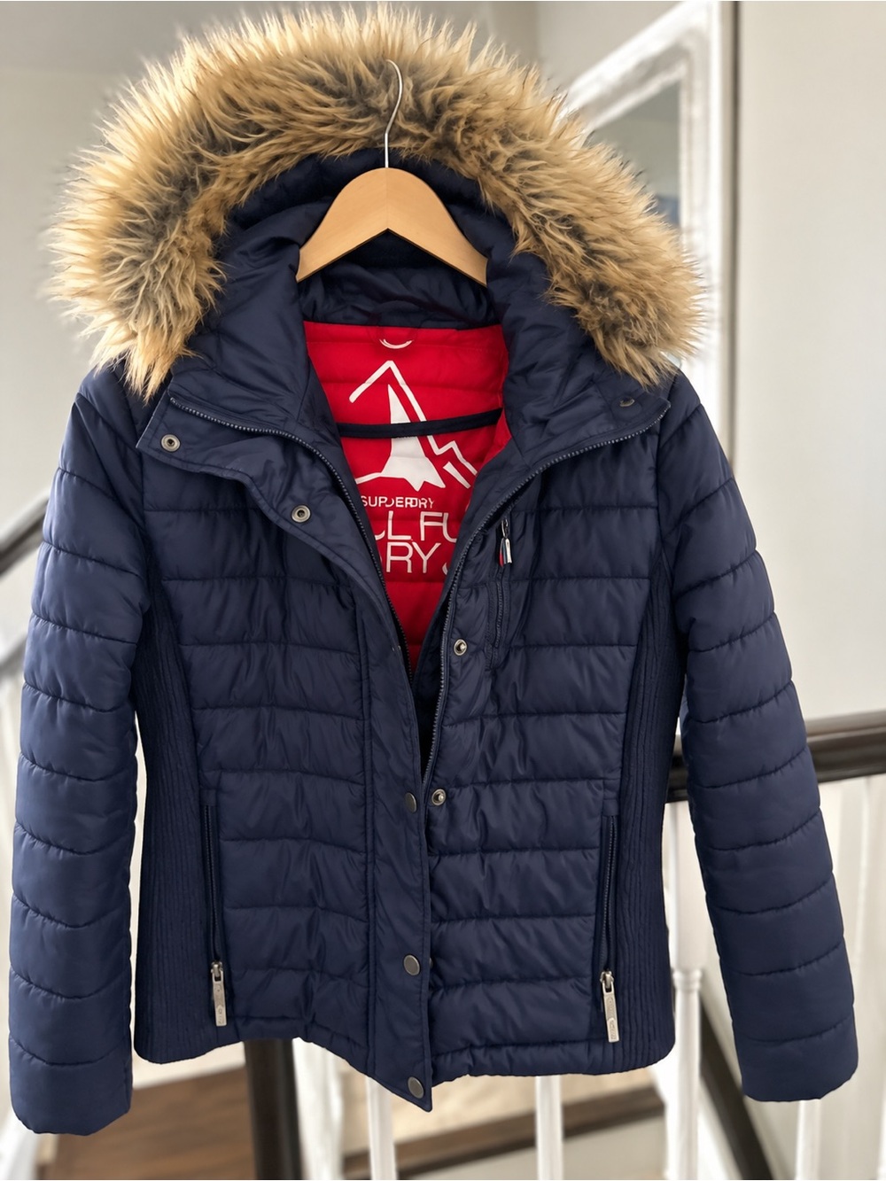 Superdry Navy Quilted Puffer with Faux Fur Hood Trim